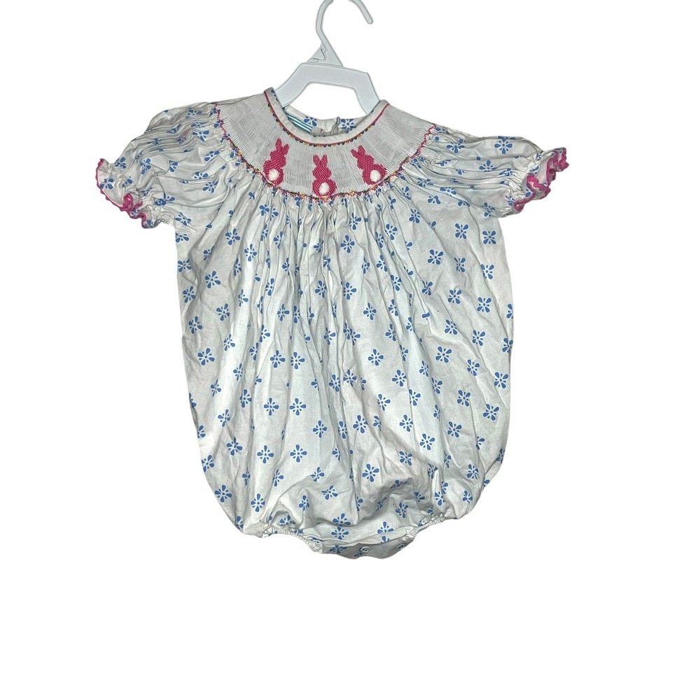 Southern Sunshine Bunny Bum Smocked Bubble Romper - White Pink  - 3